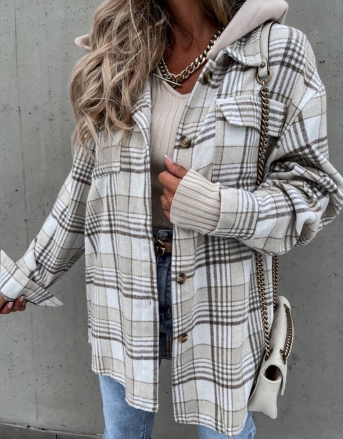 Load image into Gallery viewer, Plaid Dropped Shoulder Hooded Jacket
