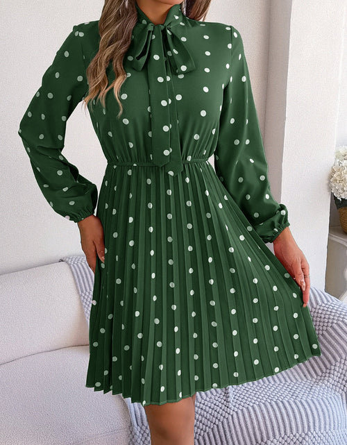 Load image into Gallery viewer, Polka Dot Tie Neck Pleated Dress
