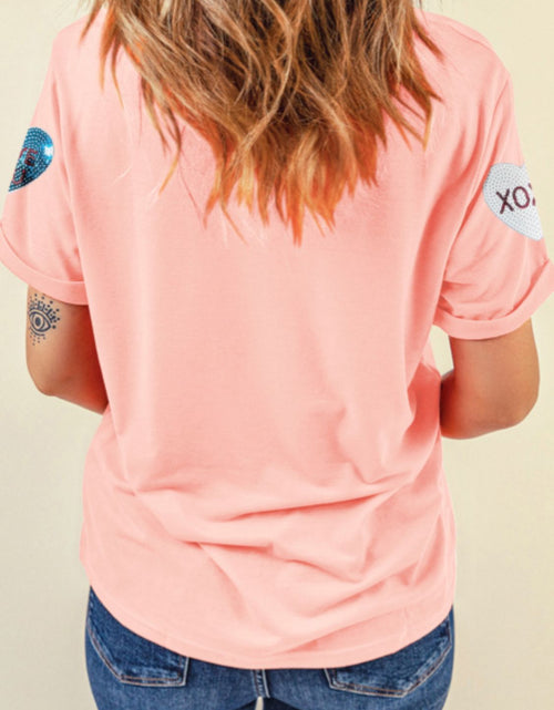 Load image into Gallery viewer, Valentine’s Day Sequin Heart Round Neck Short Sleeve T-Shirt

