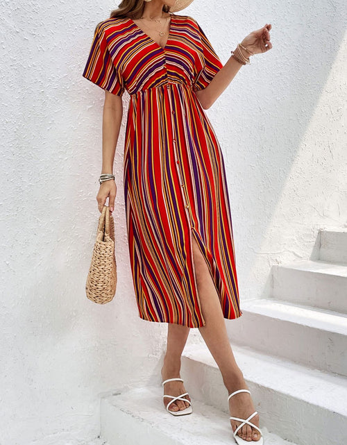 Load image into Gallery viewer, Perfee Slit Striped V-Neck Short Sleeve Midi Dress
