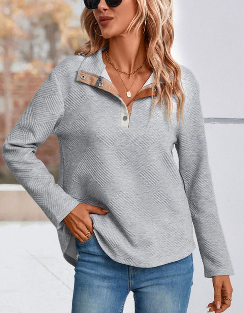Load image into Gallery viewer, Perfee Spliced Plaid Quarter-Snap Mock Neck Top
