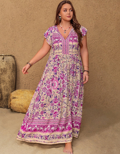Load image into Gallery viewer, Plus Size Printed V-Neck Cap Sleeve Maxi Dress
