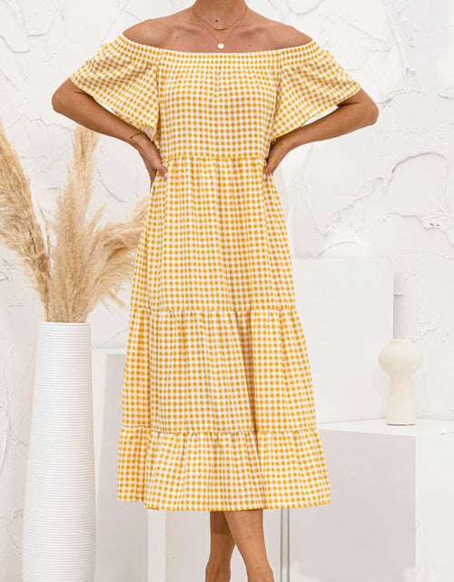 Load image into Gallery viewer, Plaid Off-Shoulder Tiered Midi Dress
