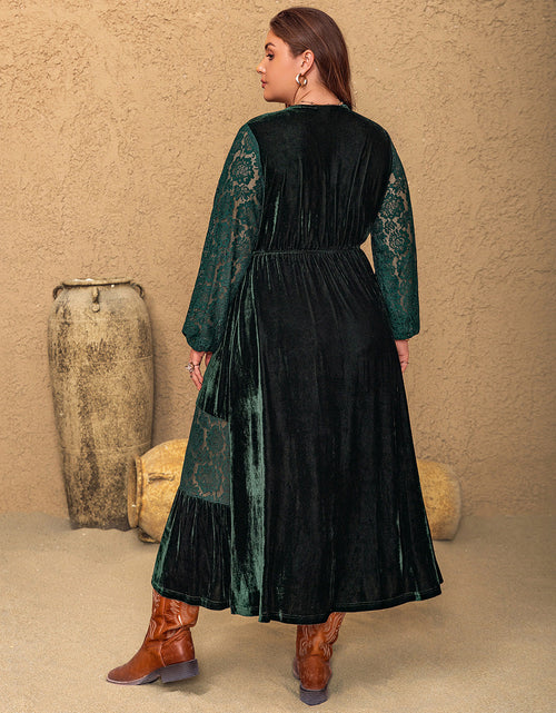 Load image into Gallery viewer, Plus Size Lace Patchwork V-Neck Balloon Sleeve Midi Dress

