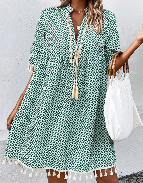 Load image into Gallery viewer, Tassel Printed Notched Half Sleeve Mini Dress
