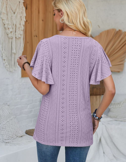 Load image into Gallery viewer, Eyelet Applique V-Neck Cap Sleeve T-Shirt
