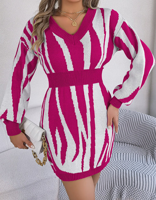 Load image into Gallery viewer, Animal Print V-Neck Long Sleeve Sweater Dress
