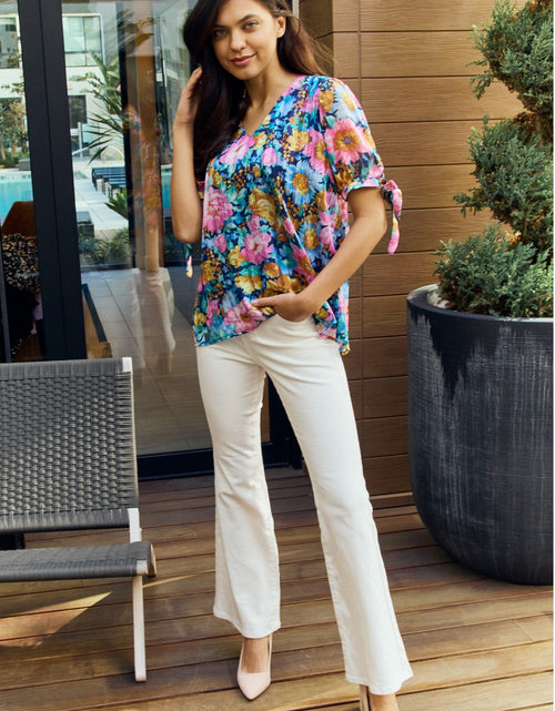Load image into Gallery viewer, Petal Dew Full Size Floral V-Neck Tie Detail Blouse
