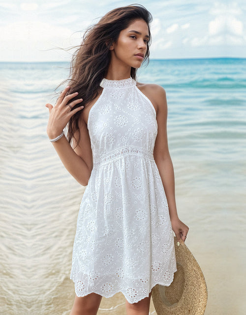 Load image into Gallery viewer, Perfee Eyelet Grecian Neck Mini Dress
