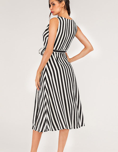 Load image into Gallery viewer, Striped Surplice Tied Sleeveless Dress

