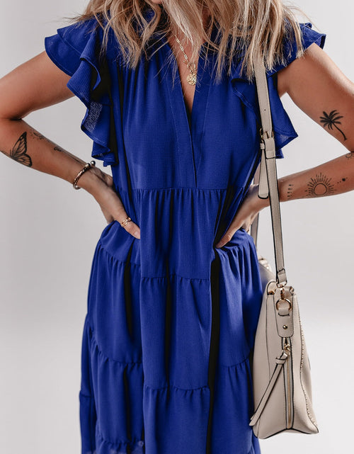 Load image into Gallery viewer, Ruffled Short Sleeve Collared V Neck Tiered Midi Dress
