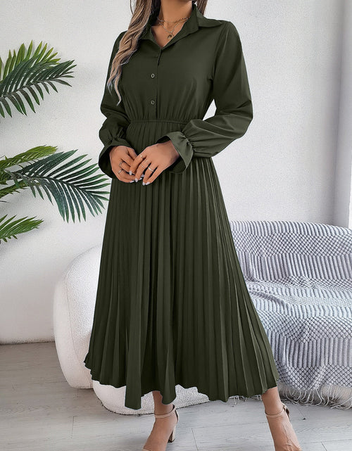 Load image into Gallery viewer, Pleated Half Button Long Sleeve Midi Dress
