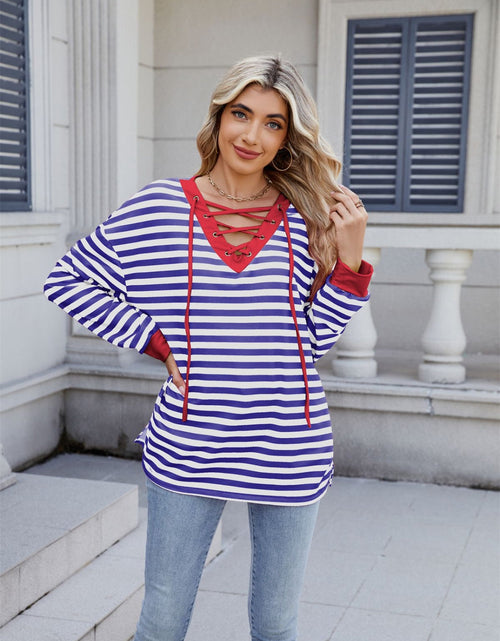 Load image into Gallery viewer, Lace-Up Striped Long Sleeve T-Shirt
