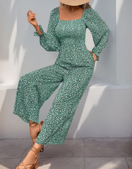 Load image into Gallery viewer, Perfee Smocked Printed Long Sleeve Wide Leg Jumpsuit
