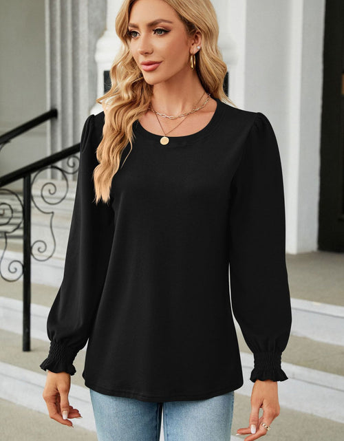Load image into Gallery viewer, Round Neck Smocked Flounce Sleeve Blouse
