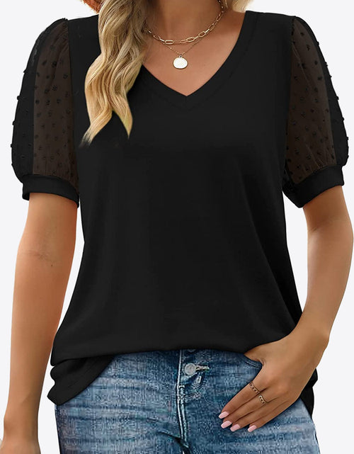 Load image into Gallery viewer, Swiss Dot Puff Sleeve V-Neck Tee
