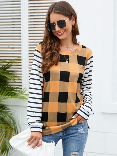 Load image into Gallery viewer, Plaid Striped Round Neck Long Sleeve T-Shirt
