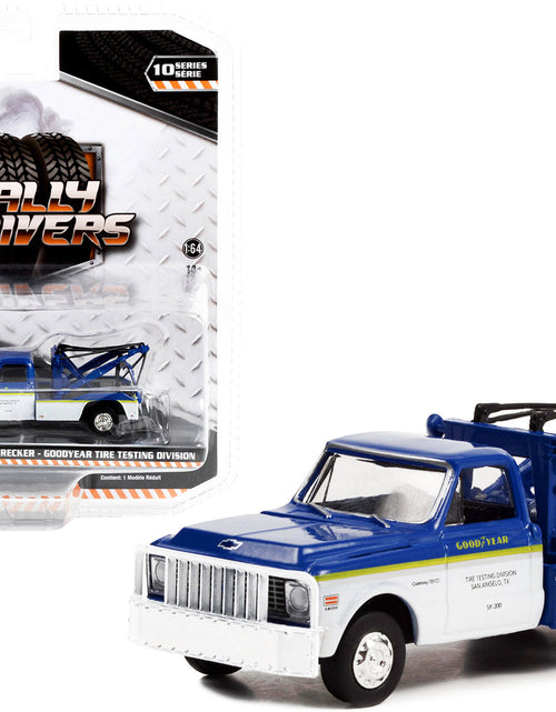 Load image into Gallery viewer, 1972 Chevrolet C-30 Dually Wrecker Truck White and Blue with Yellow Stripes "Goodyear Tire Testing Division" "Dually Drivers" Series 10 1/64 Diecast Model Car by Greenlight
