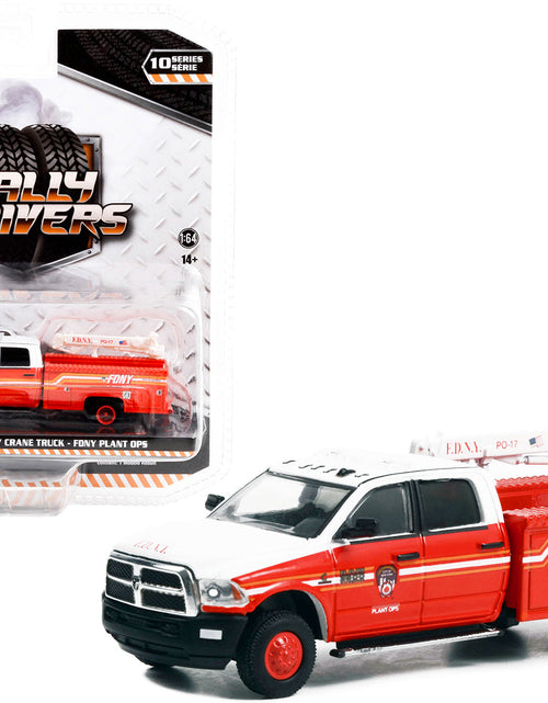 Load image into Gallery viewer, 2018 Ram 3500 Dually Crane Truck Red and White with Stripes "FDNY (Fire Department of the City of New York) Plant Ops" "Dually Drivers" Series 10 1/64 Diecast Model Car by Greenlight
