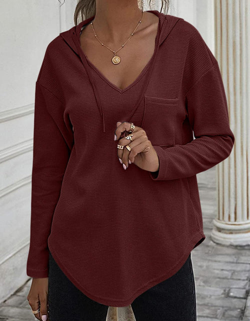 Load image into Gallery viewer, Drawstring Waffle Knit Long Sleeve Hooded Top
