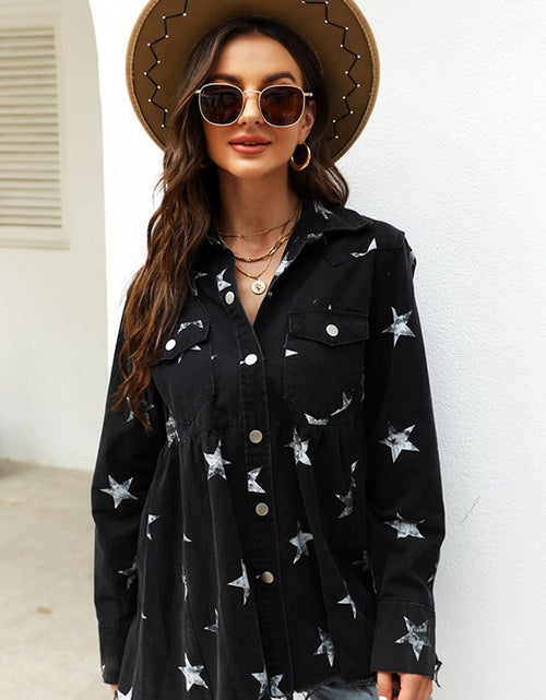 Load image into Gallery viewer, Collared Neck Star Print Long Sleeve Denim Jacket
