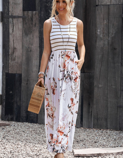 Load image into Gallery viewer, Striped Floral Round Neck Sleeveless Maxi Dress
