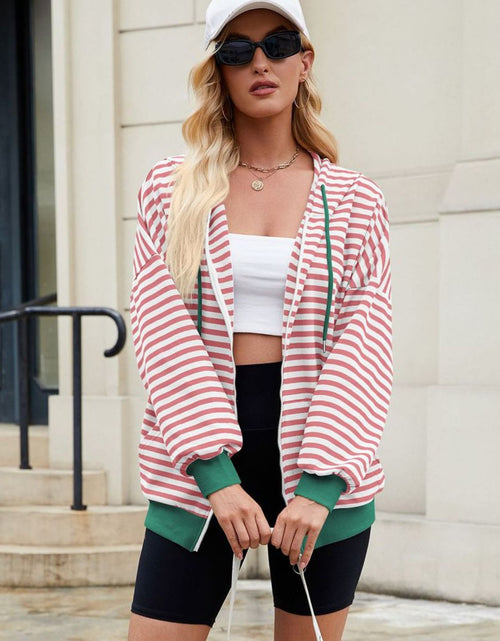 Load image into Gallery viewer, Drawstring Striped Zip Up Long Sleeve Hoodie
