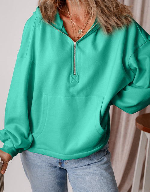 Load image into Gallery viewer, Pocketed Half Zip Dropped Shoulder Hoodie
