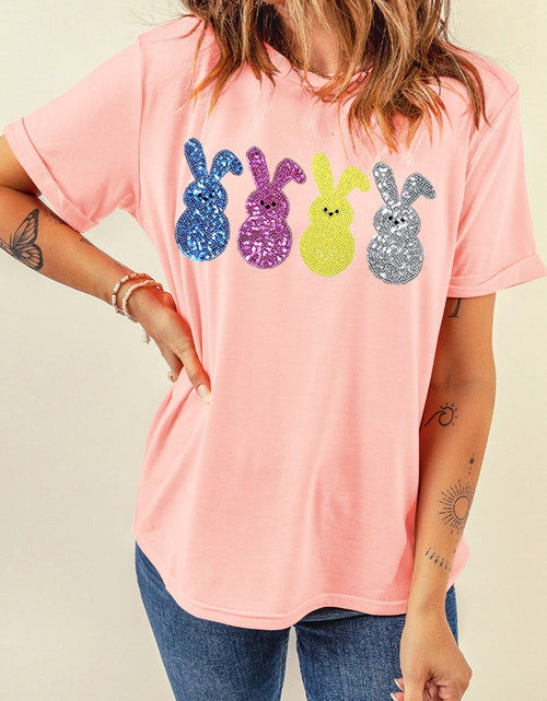 Load image into Gallery viewer, Sequin Bunny Round Neck Short Sleeve T-Shirt
