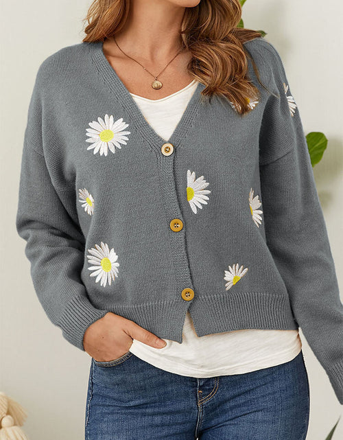 Load image into Gallery viewer, Flower Button Front Dropped Shoulder Cardigan
