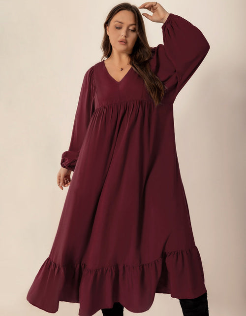 Load image into Gallery viewer, Plus Size Ruffled Hem V-Neck Balloon Sleeve Dress
