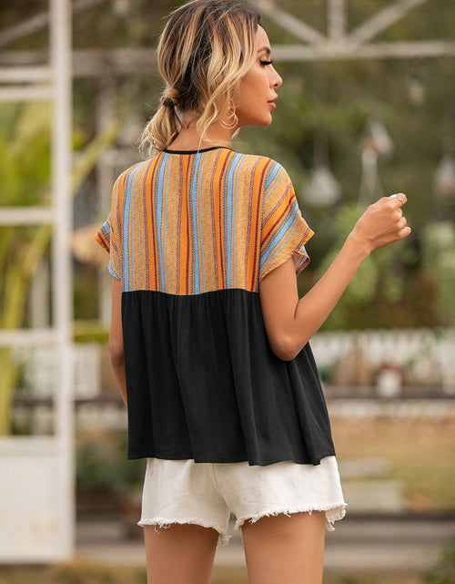 Load image into Gallery viewer, Ivy Lane Striped Tie Neck Short Sleeve Blouse
