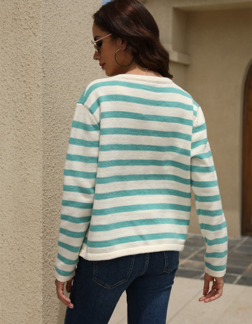 Load image into Gallery viewer, Angel Wings Striped Round Neck Button-Down Dropped Shoulder Cardigan
