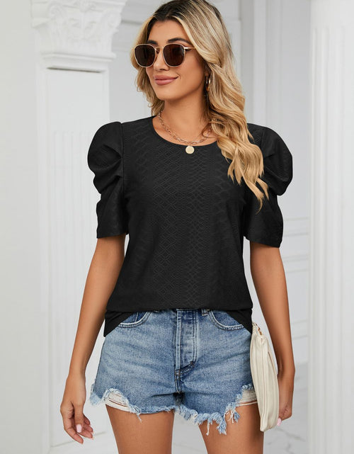 Load image into Gallery viewer, Eyelet Puff Sleeve Round Neck Blouse

