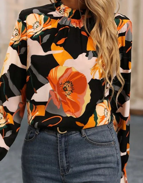 Load image into Gallery viewer, Floral Mock Neck Flounce Sleeve Blouse
