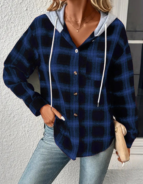 Load image into Gallery viewer, Plaid Drawstring Button Up Hooded Jacket
