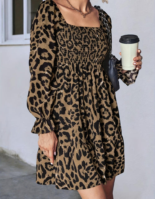 Load image into Gallery viewer, Leopard Smocked Flounce Sleeve Mini Dress
