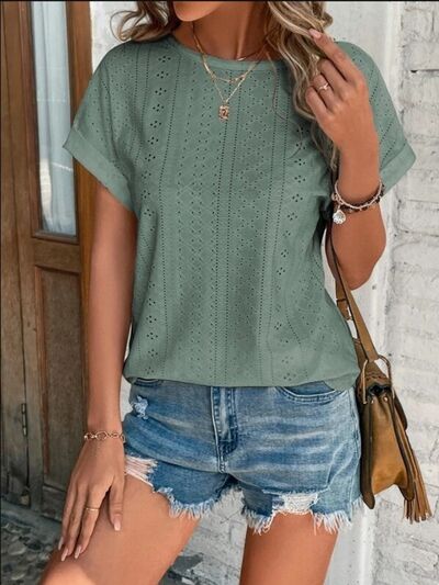 Load image into Gallery viewer, Eyelet Round Neck Short Sleeve T-Shirt

