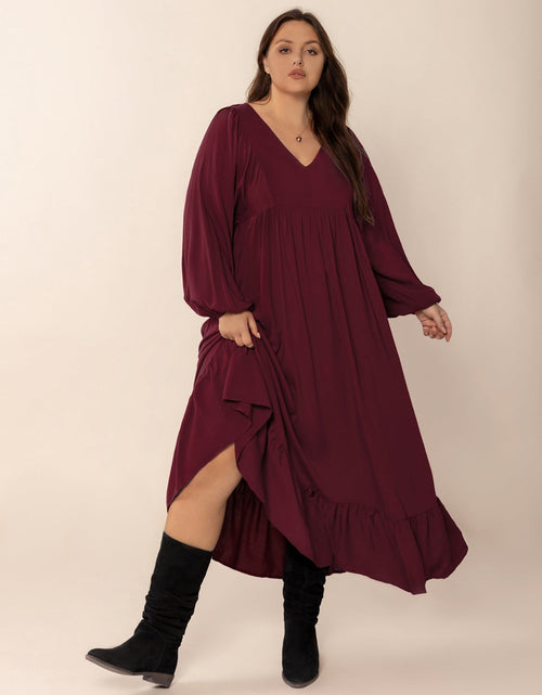 Load image into Gallery viewer, Plus Size Ruffled Hem V-Neck Balloon Sleeve Dress

