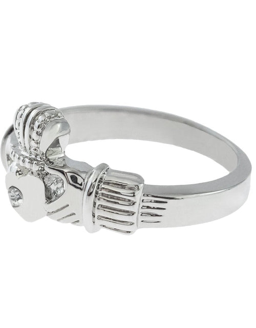 Load image into Gallery viewer, Antique Dainty Claddagh Ring Clear Swarovski Crystal 18k Irish Gold Womans Jewelry Claddagh Rings R3443 by PVD Vintage Jewelry
