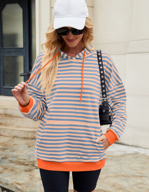 Load image into Gallery viewer, Drawstring Contrast Striped Long Sleeve Hoodie

