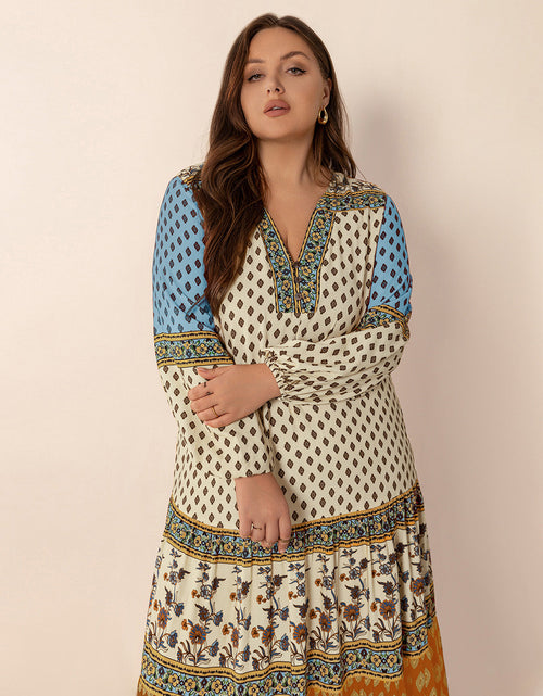 Load image into Gallery viewer, Plus Size Printed V-Neck Balloon Sleeve Maxi Dress
