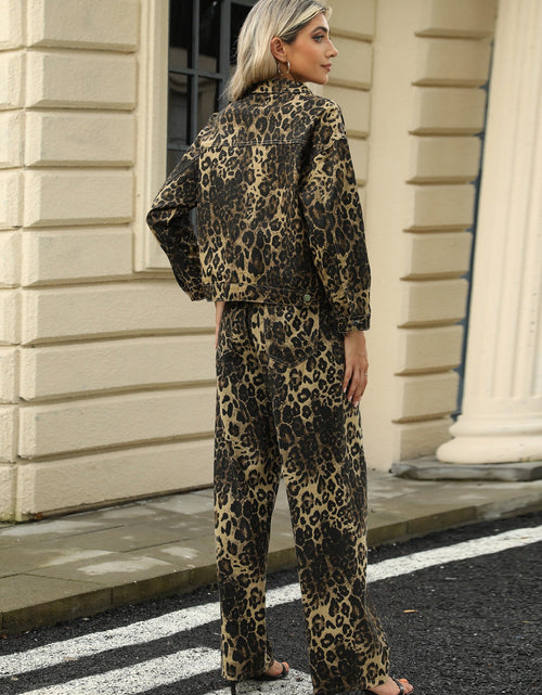 Load image into Gallery viewer, Pocketed Leopard Long Sleeve Denim Jacket
