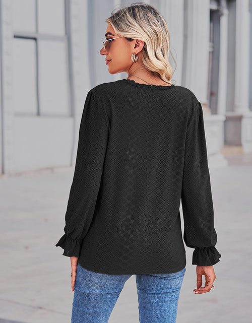 Load image into Gallery viewer, Eyelet V-Neck Flounce Sleeve Blouse
