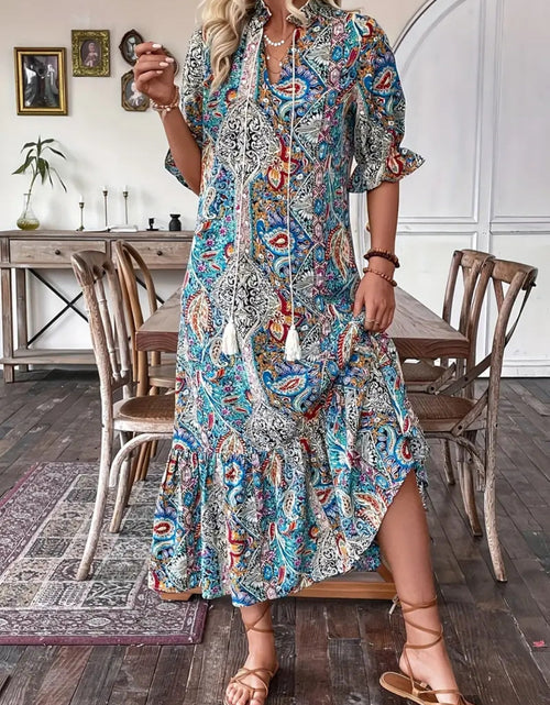 Load image into Gallery viewer, Printed Tie Neck Flounce Sleeve Midi Dress
