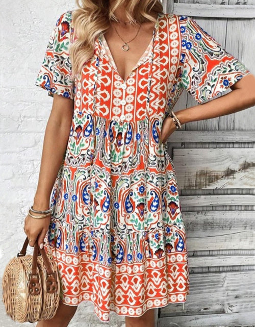 Load image into Gallery viewer, Printed Tie Neck Short Sleeve Dress

