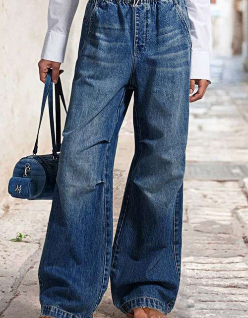 Load image into Gallery viewer, Drawstring Waist Wide Leg Shirred Jeans
