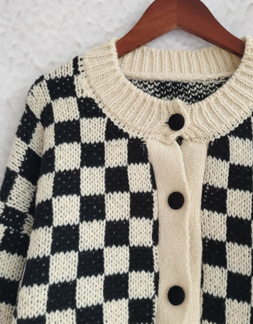 Load image into Gallery viewer, Checkered Button Up Round Neck Cardigan
