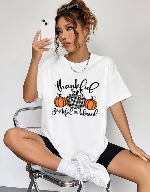 Load image into Gallery viewer, Round Neck Short Sleeve Fall Season Graphic T-Shirt
