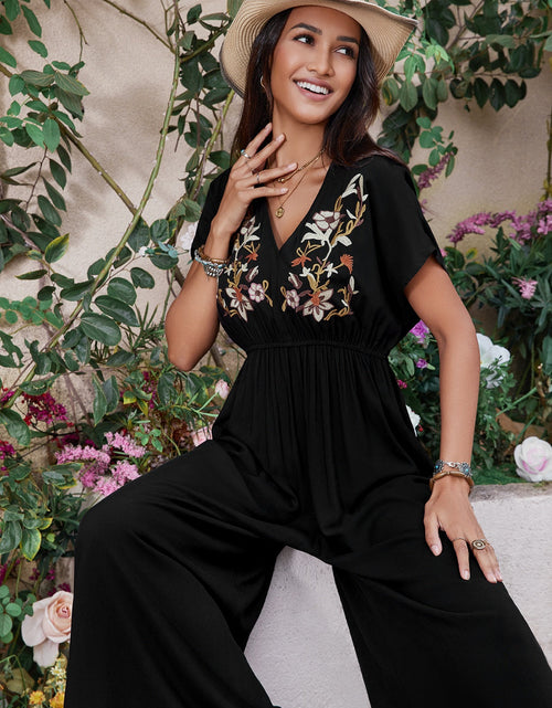 Load image into Gallery viewer, Embroidered Ruched Short Sleeve Jumpsuit
